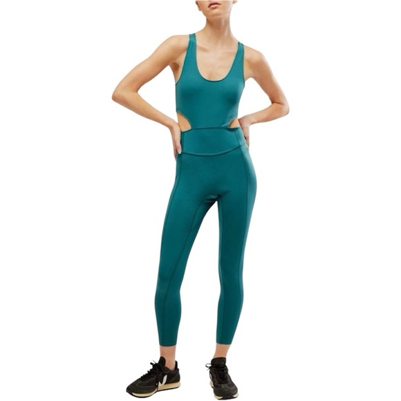 New Free People Movement Back It Up Jumpsuit Green Large L Yoga Workout Pilates - Picture 1 of 8